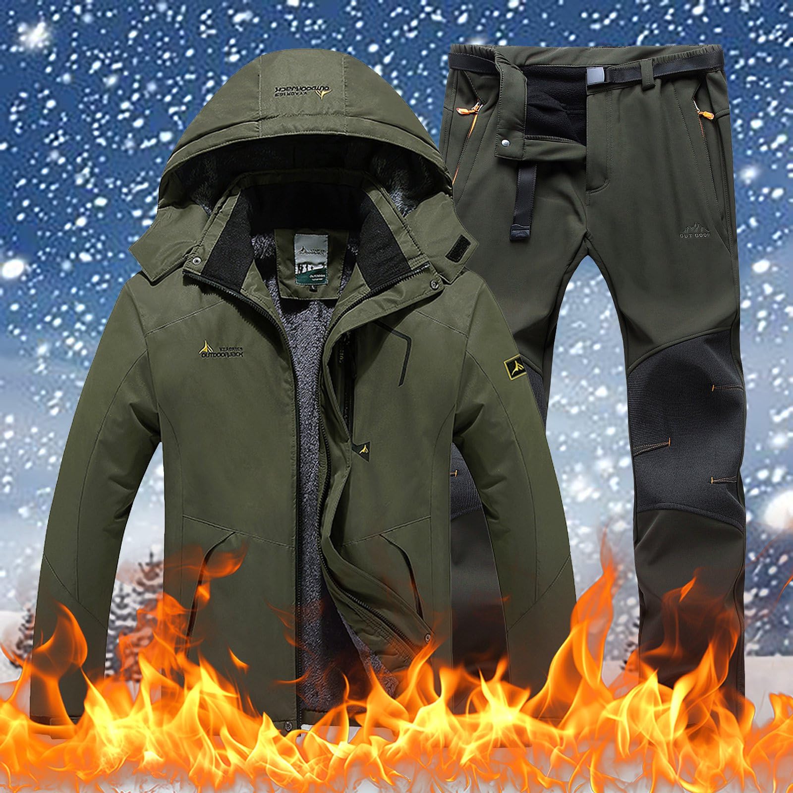Uomo e donna abbigliamento da sci invernale antivento con cappuccio giacca e pantaloni adatti per abbigliamento da sci casual all'aperto