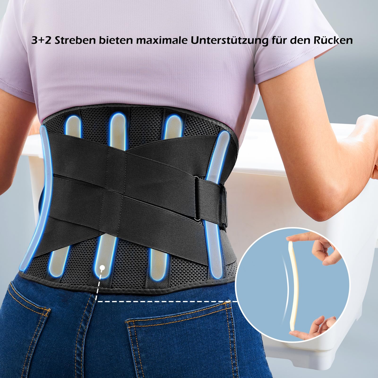 FREETOO Rückenbandage Herren und Damen, Atmungsaktive rückenstützgürtel Rückengurt mit 5 Aufenthalten für Sport,