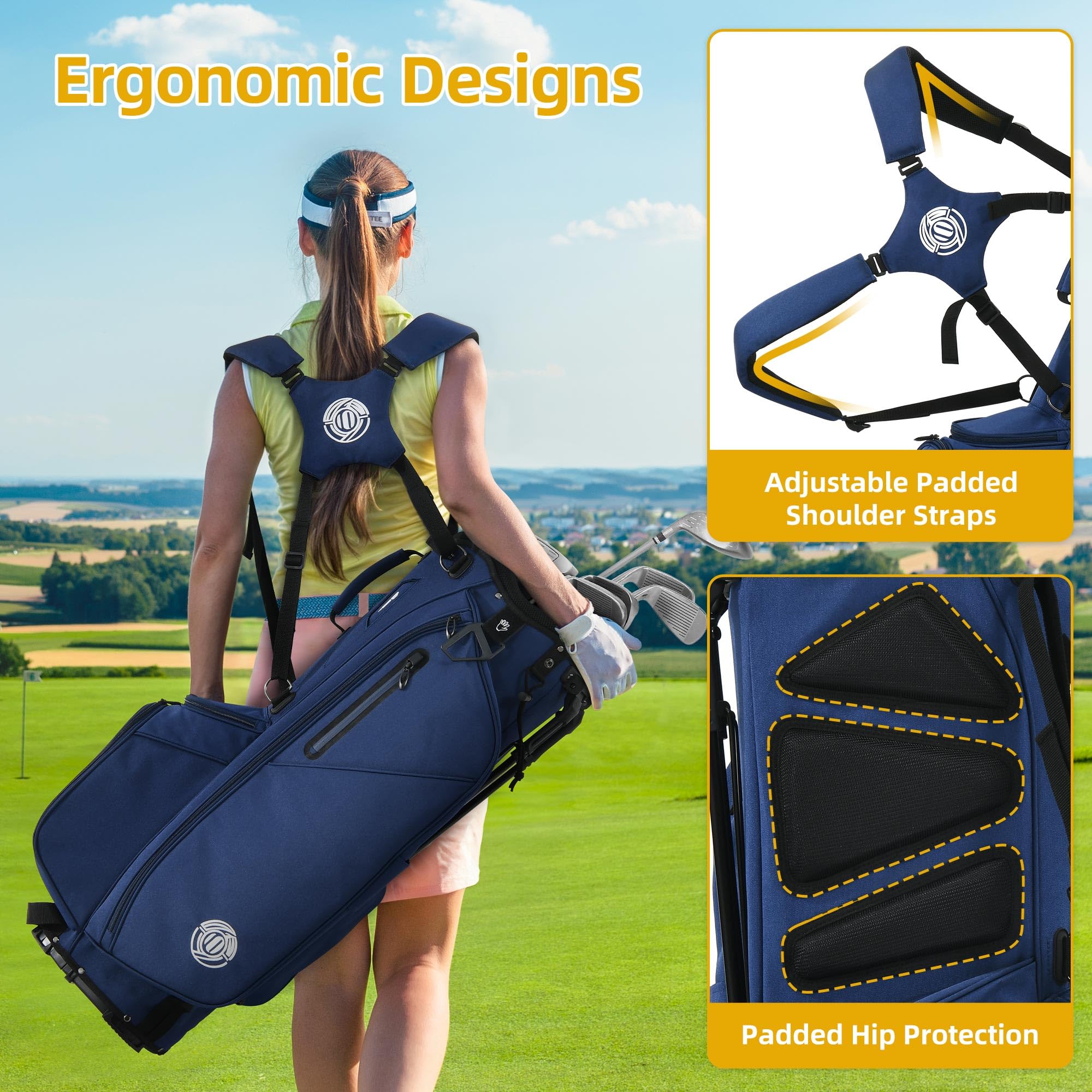 Shopsource Borsa da golf a 14 vie, leggera con supporto, per uomini e donne, con doppia cinghia ergonomica imbottita, divisori a tutta lunghezza, tasche multiple, cappuccio antipioggia