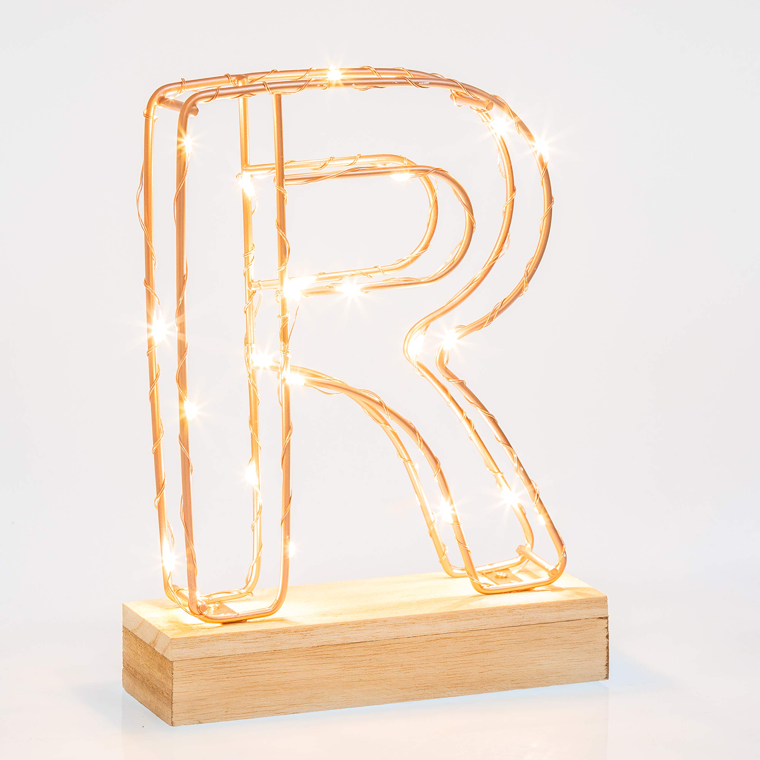 Light Up Letter R | LED Alphabet Wire Frame Letter Lights | Rose Gold Copper Initials | Personalised Lighting | Battery Powered | Office Living Room Bedroom