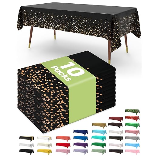 Pureegg Plastic Table Cloth Disposable 10 Pack, 54 x 108 Inch Table Cloths, Graduation Decorations of 2025, Graduation Tablecloths, Rectangle, Plastic Cover, Leakproof & Sturdy, Black and Rose Gold