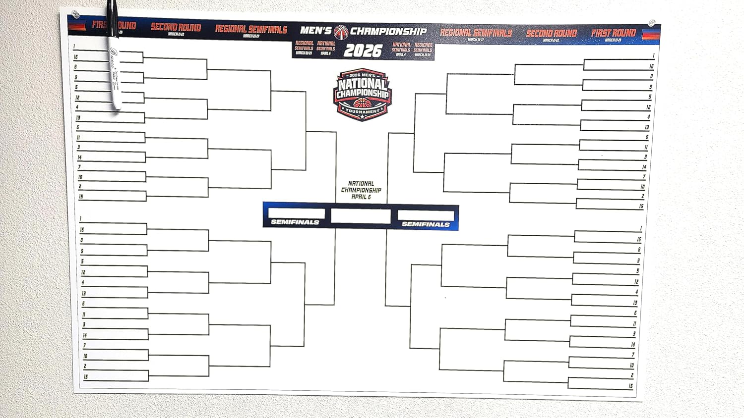 2026 Men's March College Basketball National Tournament Championship Large 64 Team Dry Erase Wall Bracket 28.75" x 18.75" w/Pen & Eraser