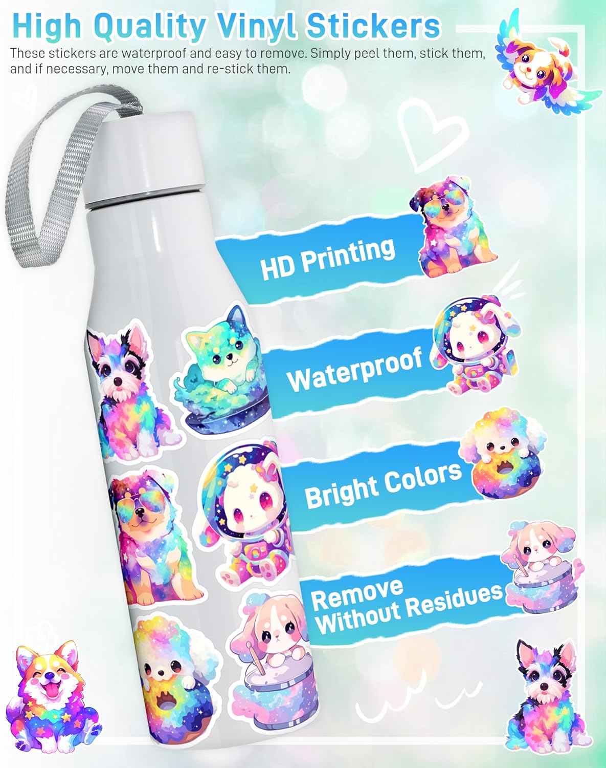 100 Pcs Cute Rainbow Dog Stickers for Kids Girls Adults,Kawaii Puppy Vinyl Decals Pack, Waterproof Cartoon Puppy Sticker for Water Bottle,Laptop,Luggage,Teaching Rewards, Pet Party Favors - Image 2