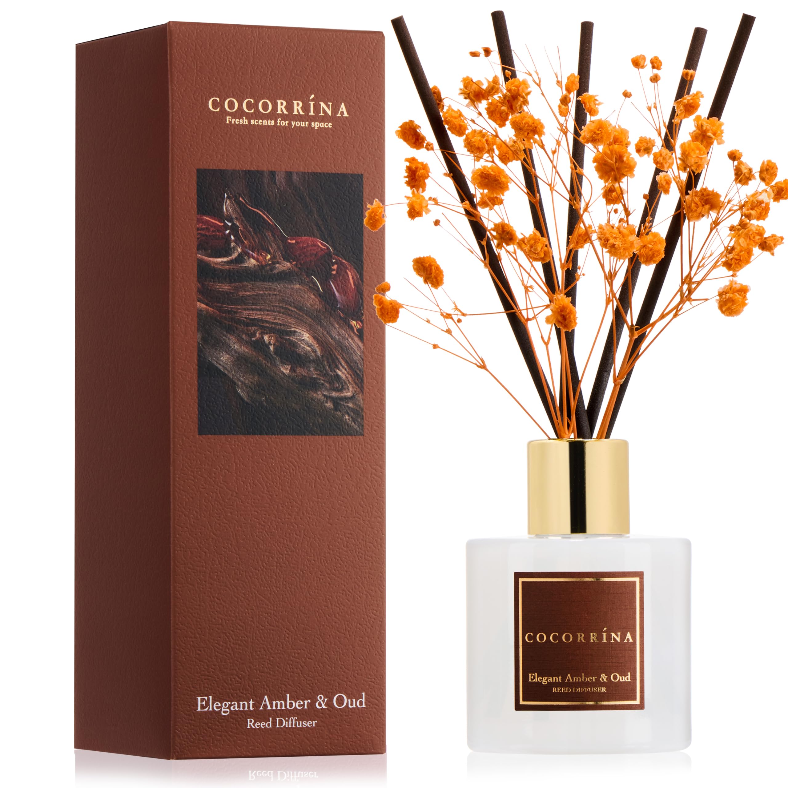 COCORRÍNA Reed Diffuser - Elegant Amber &amp; Oud 3.38 fl oz Reed Diffuser for Bedroom Bathroom Home Décor