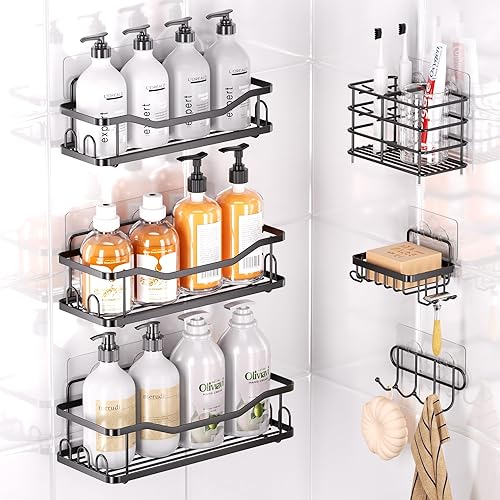 Shower Caddy, 6 Pack Adhesive Shower Organizer, Rustproof Stainless Steel Bathroom Accessories Organizer, Shower Shelves for Inside Shower, No Drilling Wall Mounted Shower Rack Shampoo Holder
