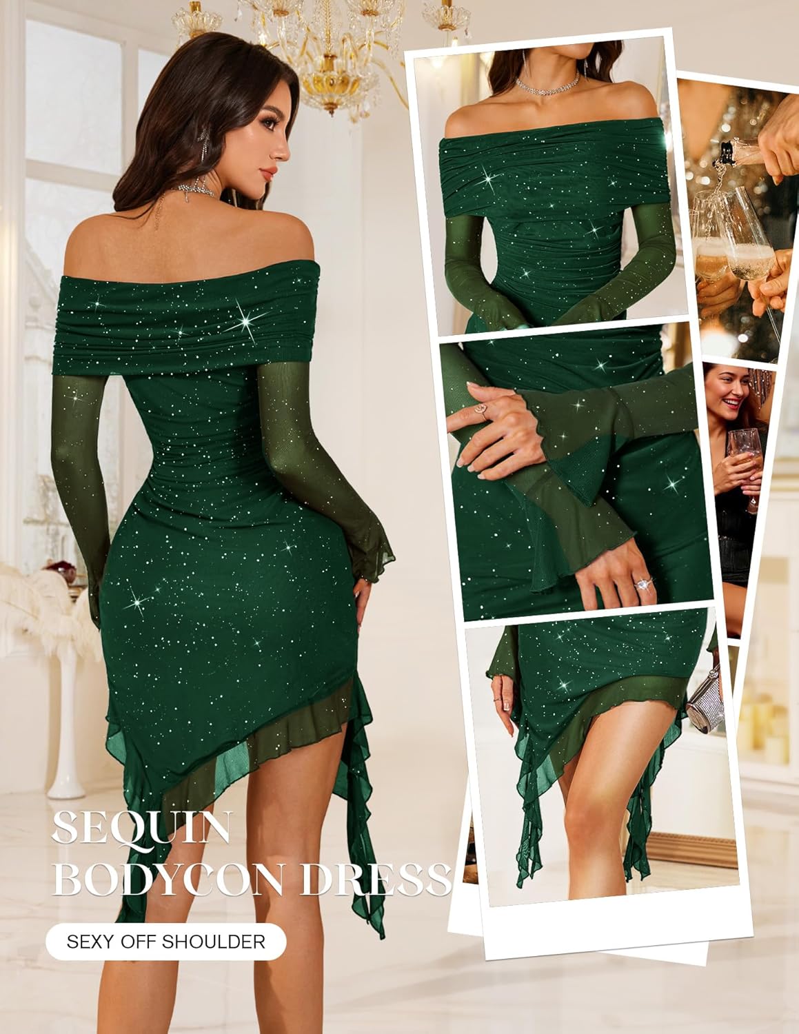 BeryLove Women's Sexy Sequin Prom Cocktail Dress Ruched Bodycon Off Shoulder Formal Party Long Sleeve Dresses - Image 4