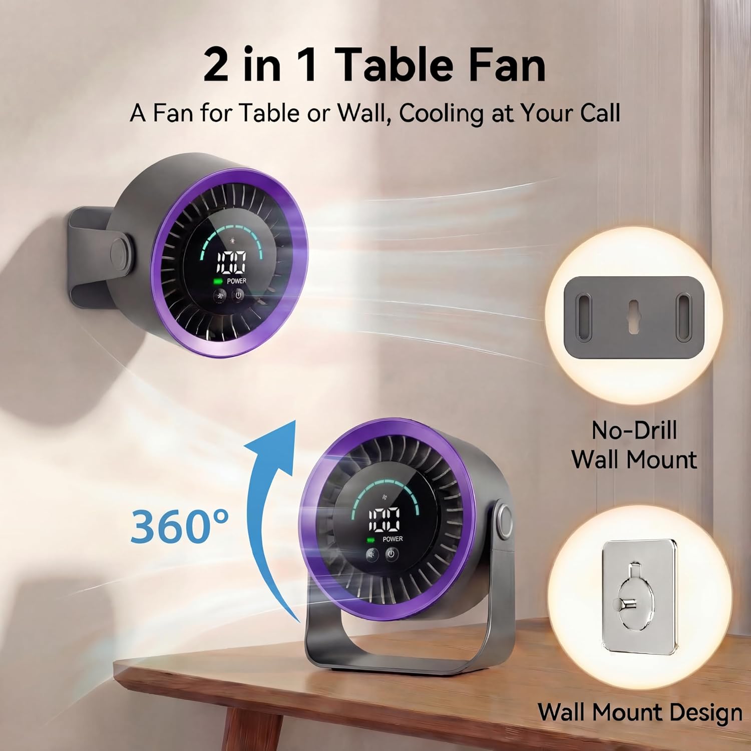 Mini Desk Fan, Small USB Rechargeable Quiet Desktop Fan, Cooling Table Electric Fan with LED Digital Display, 360°Adjustable Tilt for Bedroom, Office & Home (Purple)