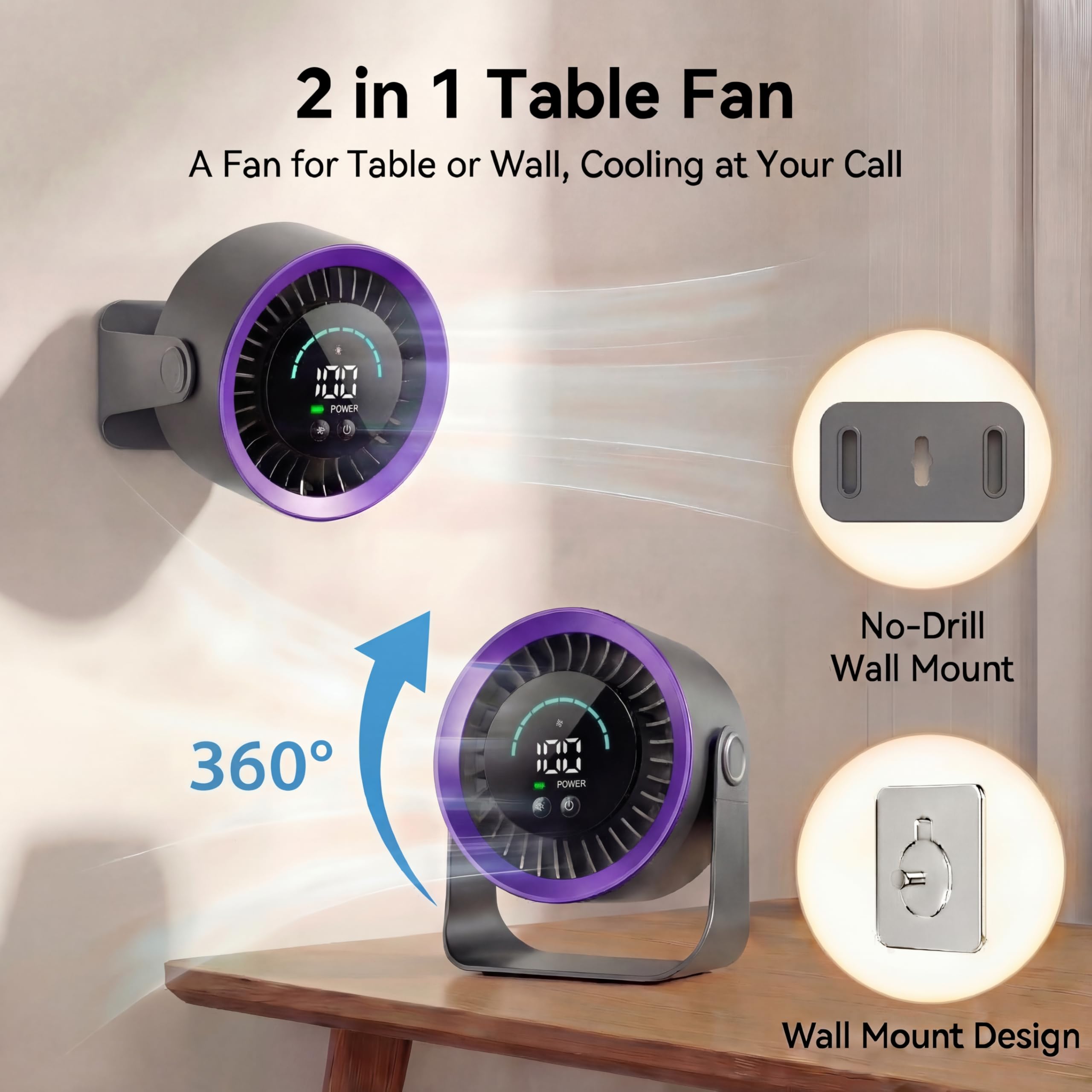Mini Ventilatore Scrivania Portatile, Piccolo Ventilatore Tavolo Silenzioso Ricaricabile USB, Ventilatore Regolabile a 360° con Display Digitale LED per Camere da Letto, Uffici e Case