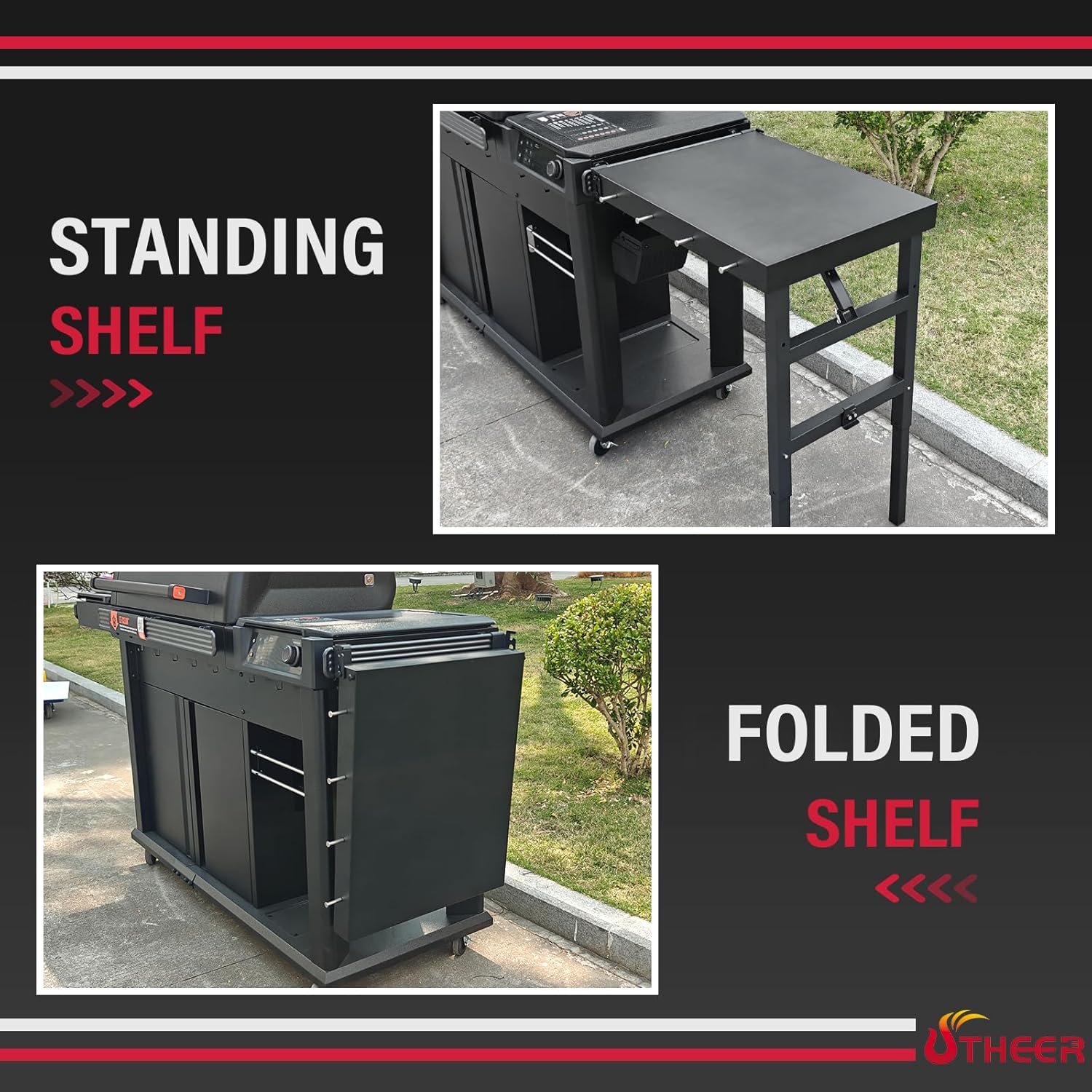 Utheer Folding Side Shelf for Traeger Woodridge Pro/Plus/Elite & Ironwood/Ironwood XL, 24.5" × 20.3" Large BBQ Side Table with 4 Hooks, Foldable Grill Prep Station