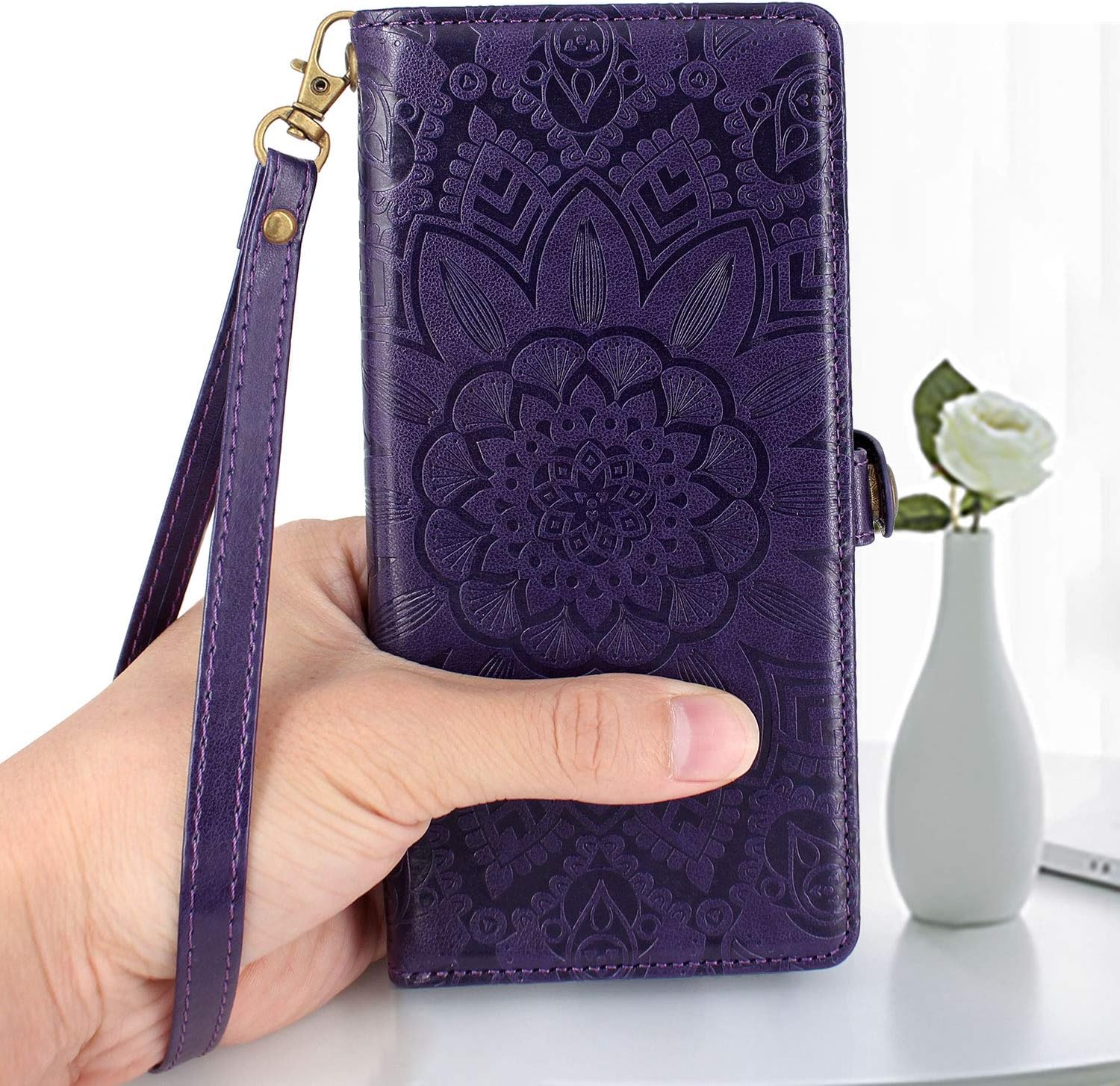 Harryshell Detachable Magnetic 12 Card Slots Wallet Case Shockproof PU Leather Flip Protective Cover Wrist Strap for Samsung Galaxy Note 10+ Plus Case/Note 10 Plus 5G Case (2019) (Floral Purple)