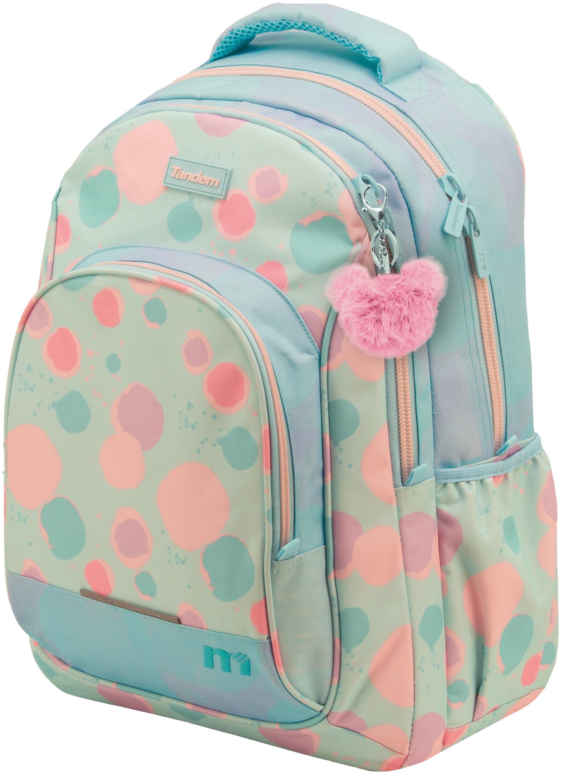 Sportandem Tandem mochila escolar doble cuerpo con compartimento acolchado para portátil, 23 L, bolsillos para botella y organizador, verde pastel/celeste/rosa