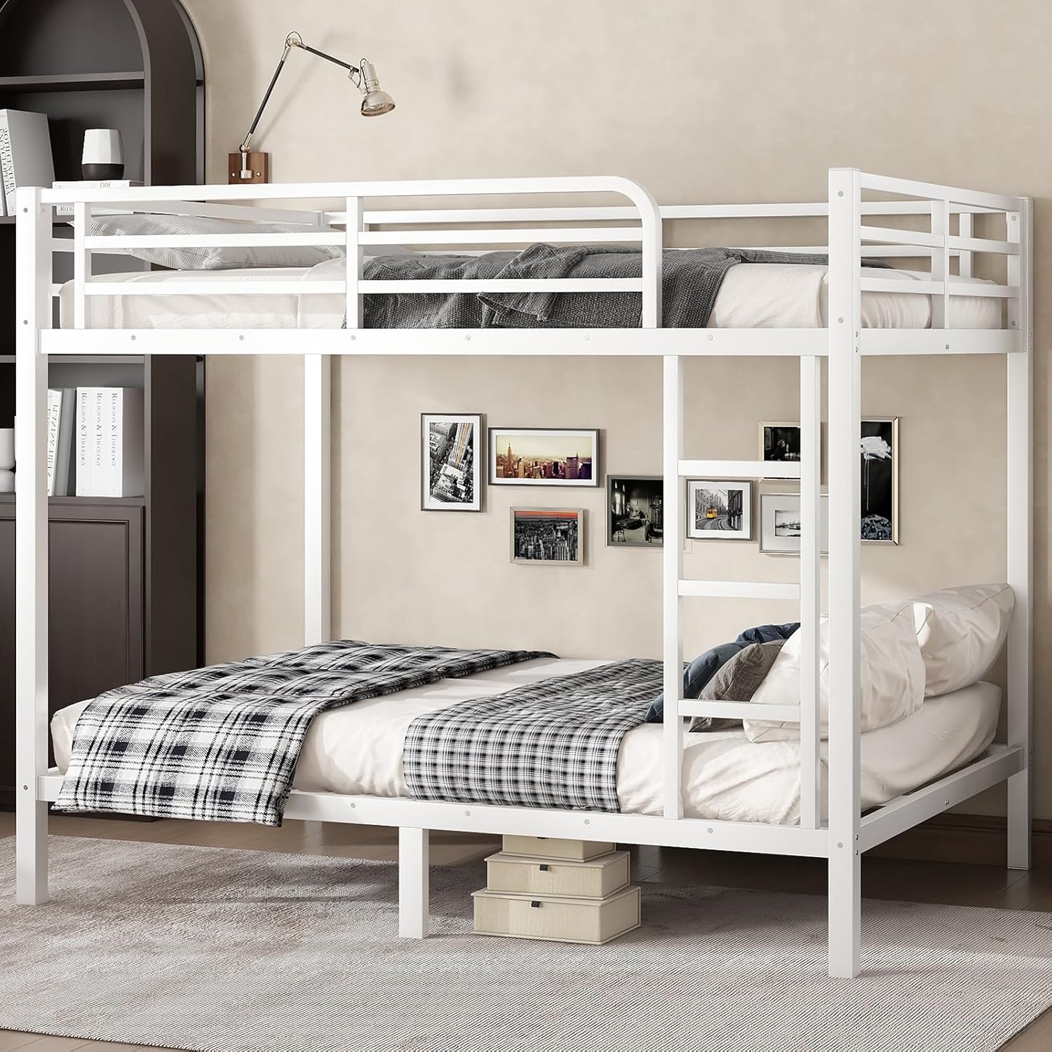 Full Over Full Bunk Bed,Heavy Duty Metal Bunk Bed Frame for Adults,2 Side Ladder,Guardrail,Space-Saving,Noise Reduced,No Box Spring Needed,Black (White, Full Over Full)