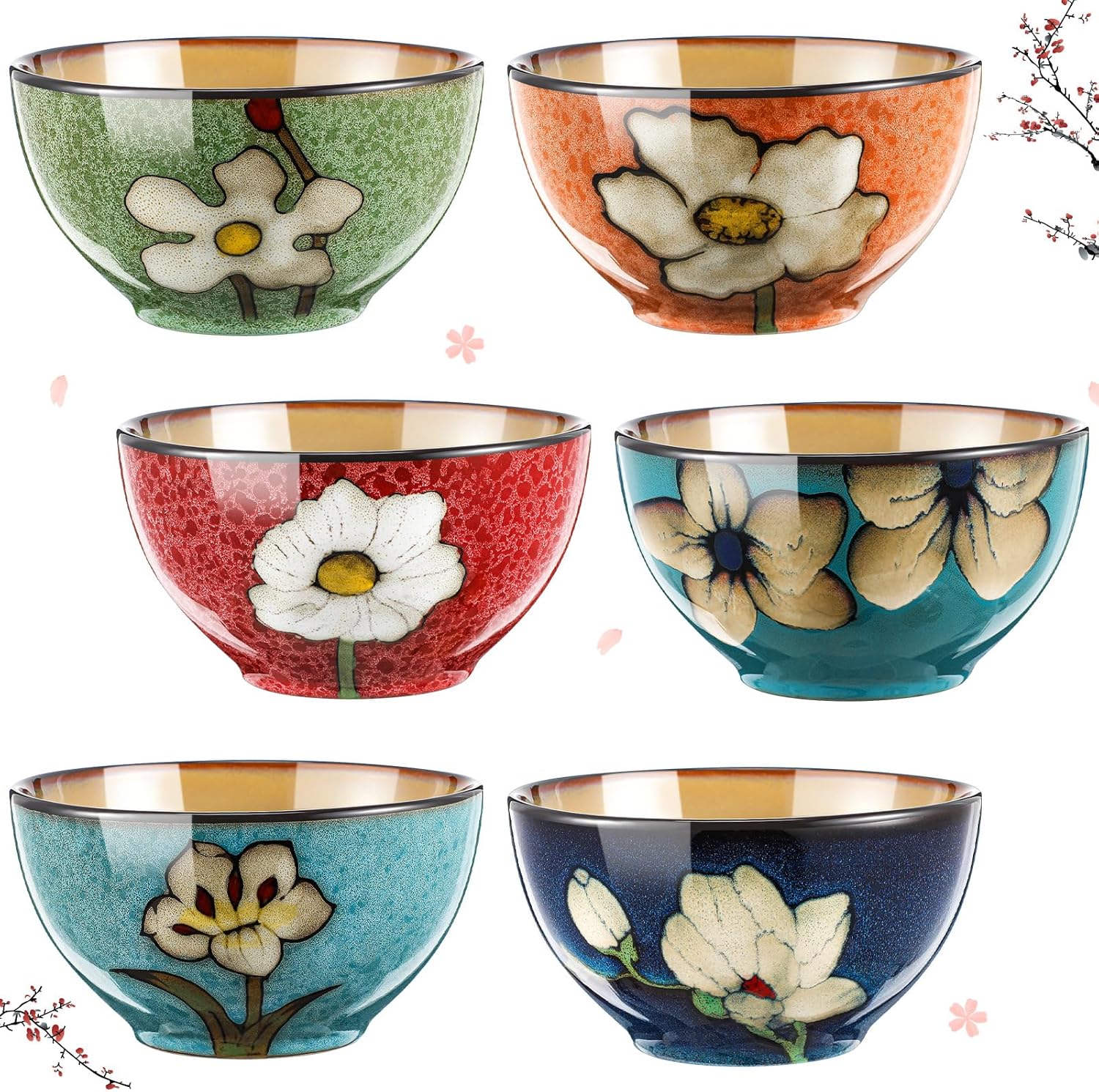 Maxdot Ceramic Bowls for Kitchen Set of 6, 16 oz Flower Ceramic Cereal Ramen Bowls Set Microwave and Dishwasher Safe, Suit for Breakfast, Lunch and Dinner Salad, Pasta, Soup Serving Etc