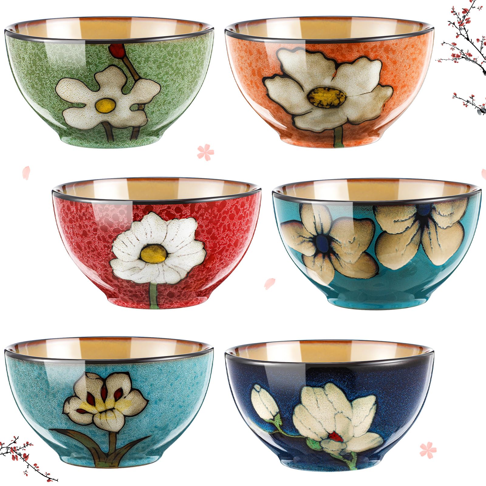 Maxdot Ceramic Bowls for Kitchen Set of 6, 16 oz Flower Ceramic Cereal Ramen Bowls Set Microwave and Dishwasher Safe, Suit for Breakfast, Lunch and