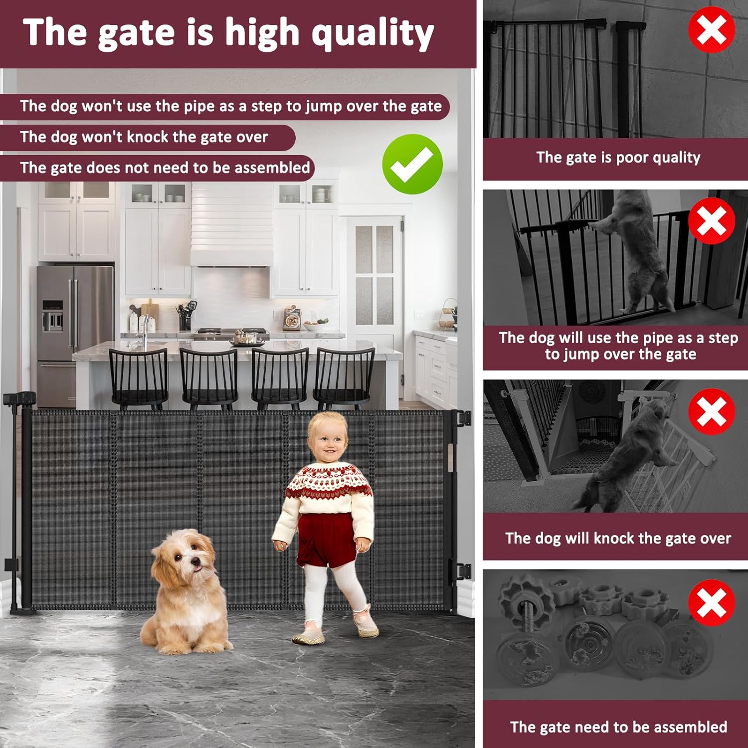 26 Inch Tall Step Over Retractable Dog Gate with Reinforced Bars 55" Wide Small Puppy Gates for The House Short Retractable Baby Gates for Doorway Mesh Dog Gate Indoor Doggie Gate Retractable Pet Gate