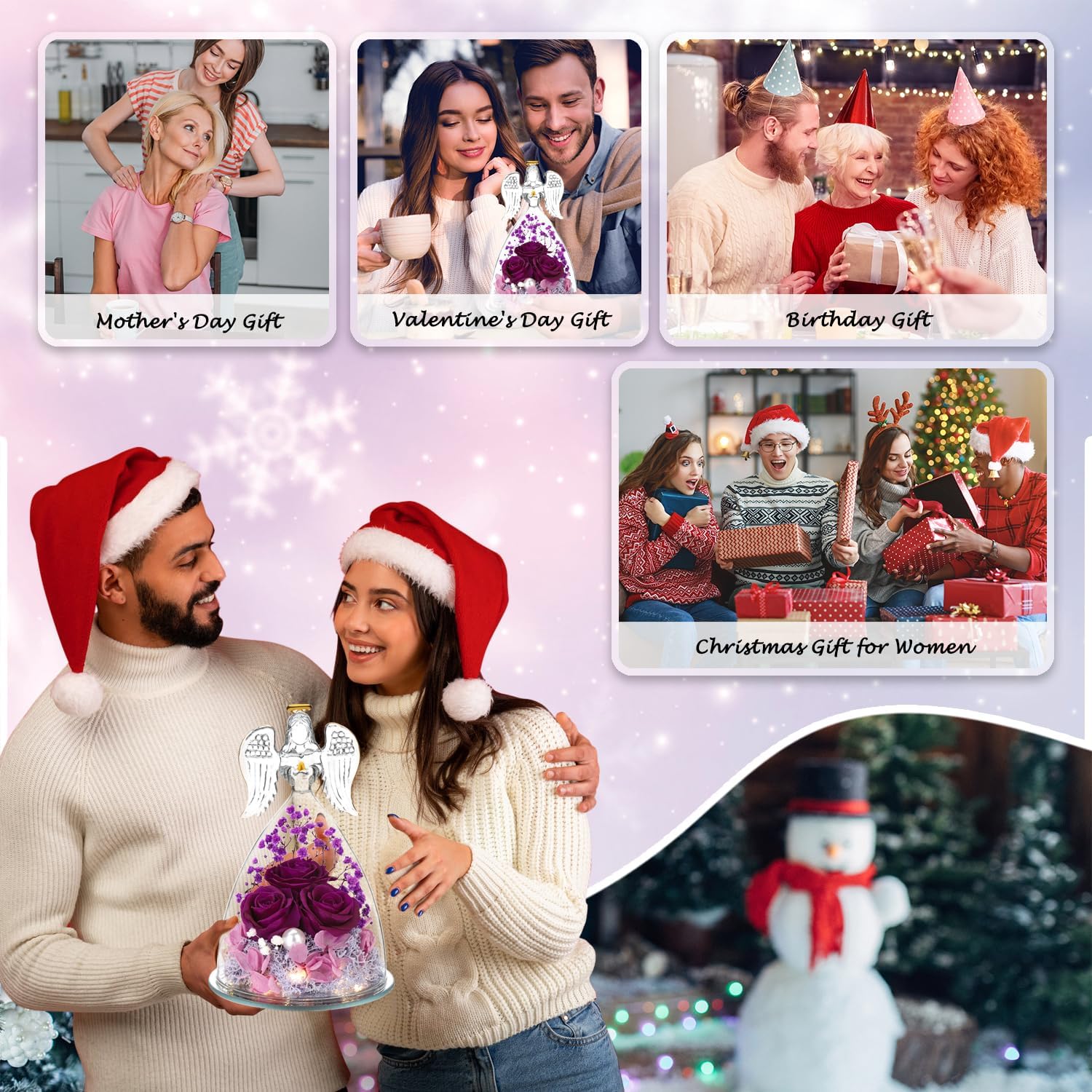 ANWEAO Valentines Day Gifts for Her,Angel Rose Gifts for Women,Glass Angel Figurine with Preserved Three Purple Roses,Forever Flowers Women Mothers Birthday Gifts for Mom Grandma Wife Her Friend - Image 4