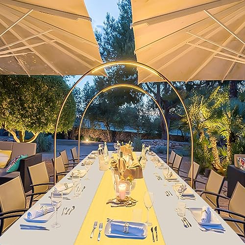 Miniatura 7 de Paquete de 12 manteles de plástico color blanco, rectangular, desechables y satinados, manteles blancos para fiestas y camino de mesa dorado para