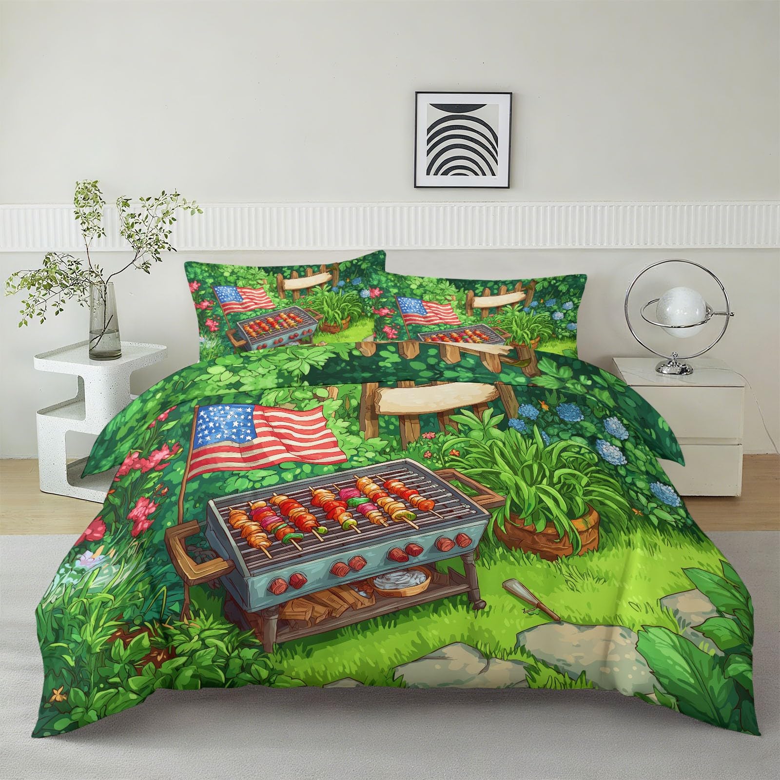 Parure de lit 140x200 verte avec housse de couette microfibre rustique