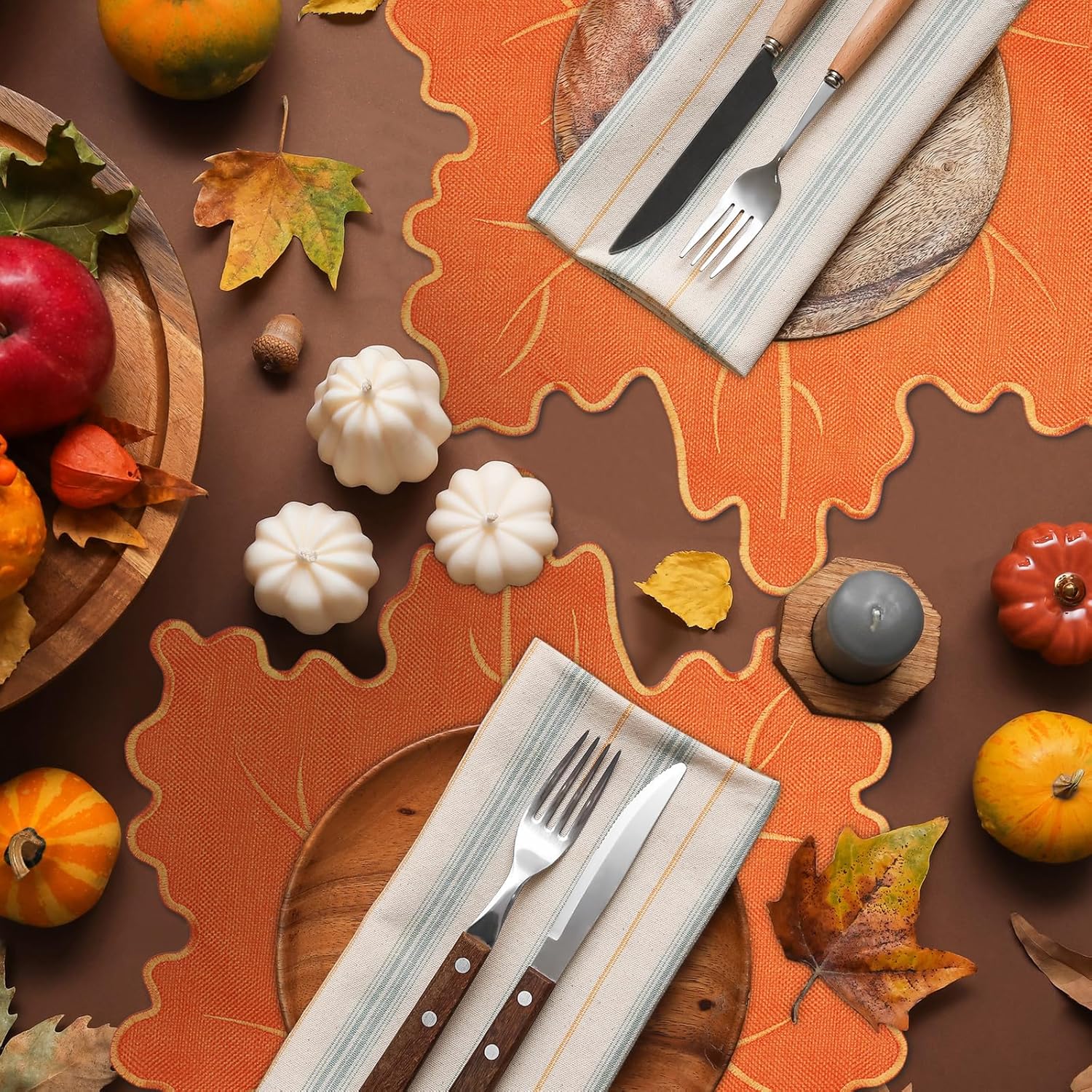 16 Pcs Linen Embroidered Maple Leaf Placemats Autumn Harvest Placemats Washable Fall Thanksgiving Halloween Table Mats for Kitchen Dining Holiday Party Decorations (Orange)
