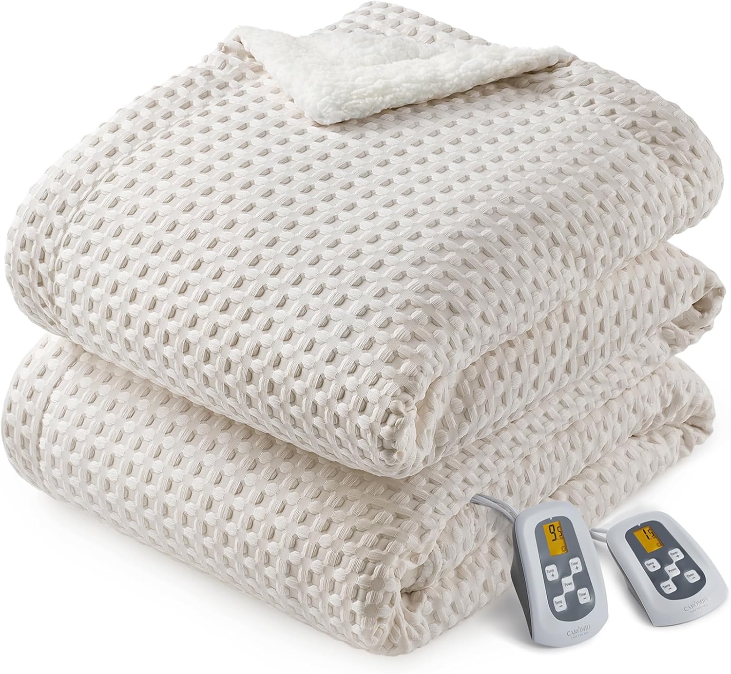 caromio heated blanket king size with lcd dual controller, waffle weave fast heating electric blankets, 10 heat levels & 1-12h time settings, etl certified, machine washable, beige, 100" x 90" beige-waffle weave king 90"x100"