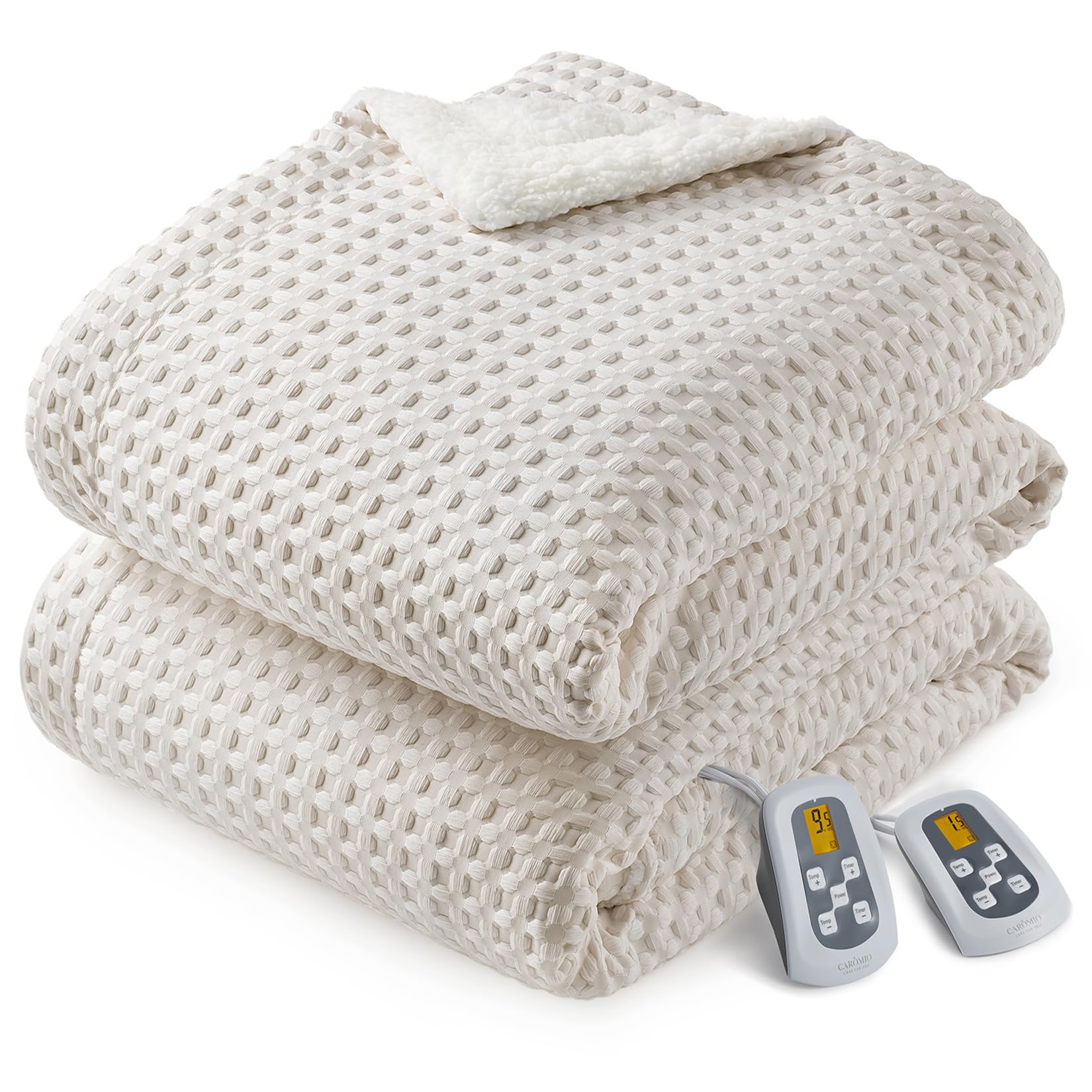 CAROMIO Queen size heated blanket laid out on a bed