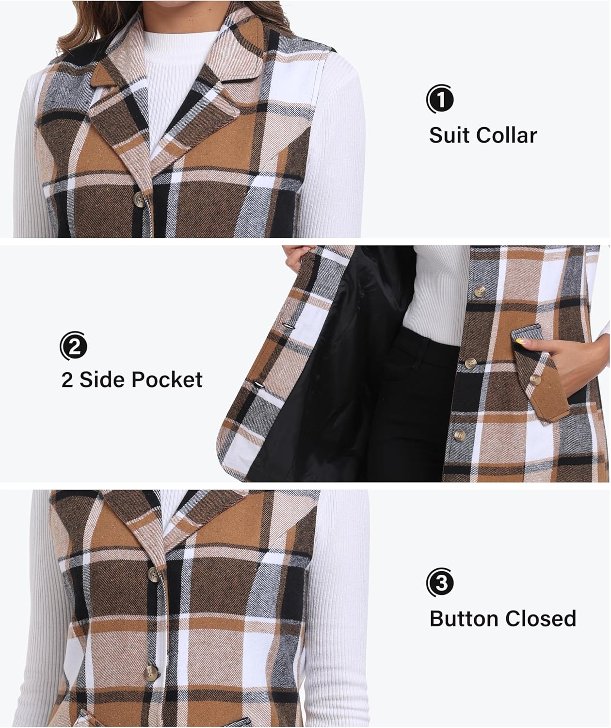 MoFiz Womens Long Flannel Plaid Vest Fall Winter Button Down Sleeveless Blazer Jackets Cardigan Coat Outerwear With Pockets - Image 5