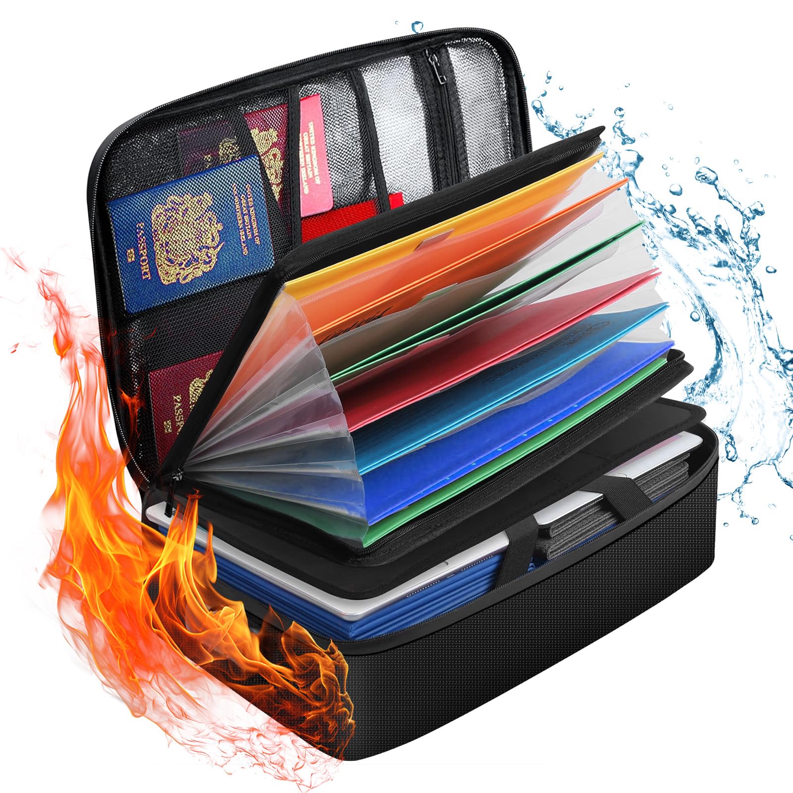 Youyijia Fireproof Document Box with Lock,15''×11.2''×4.3''Expandable File Storage Box With 13 Transparent Pockets, Heat Resistant Waterproof Fire Proof Documents Storage Box for Office and Business