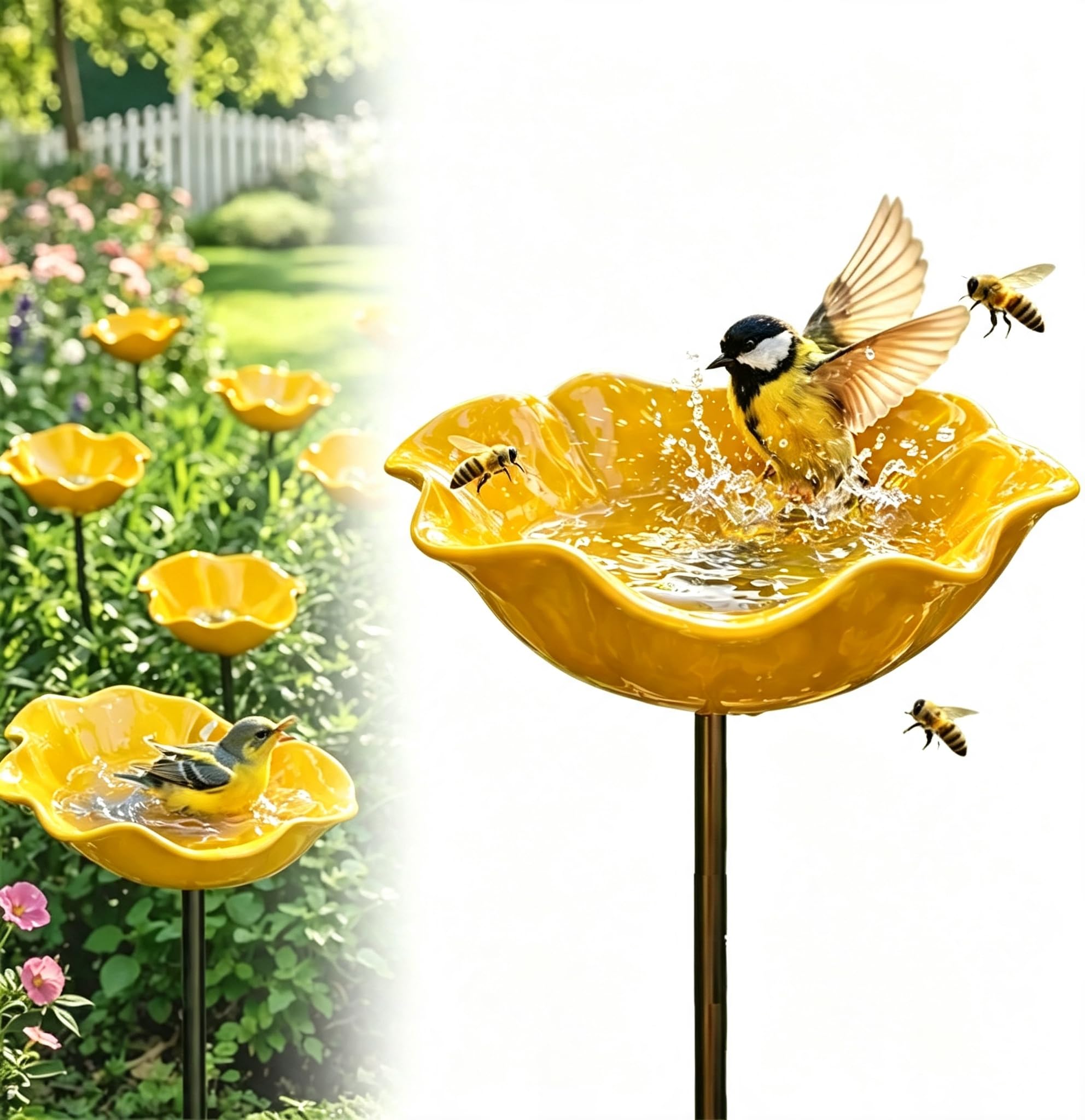 QIANSSE Metal Flower Bird Bath for Garden, Bee Watering Station