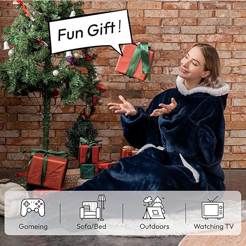 Vista 3 de Sioloc - Manta con capucha de gran tamaño para mujeres/niños/hombres, sudadera con capucha de sherpa extragrande y acogedora Azul marino