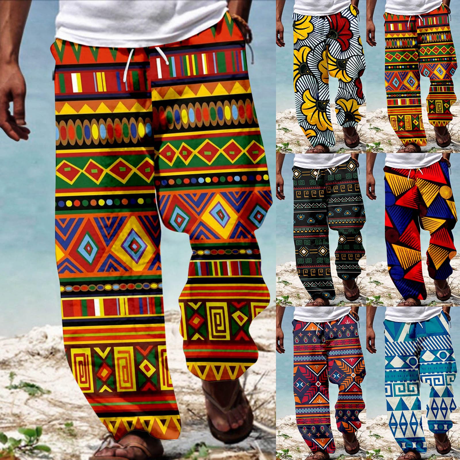 Pantaloni tradizionali africani in lino da uomo hawaiani, vacanze, spiaggia, ankara, pantaloni floreali, casual, alla moda, per attività all'aria aperta, comodi, da lavoro, casual, alla moda