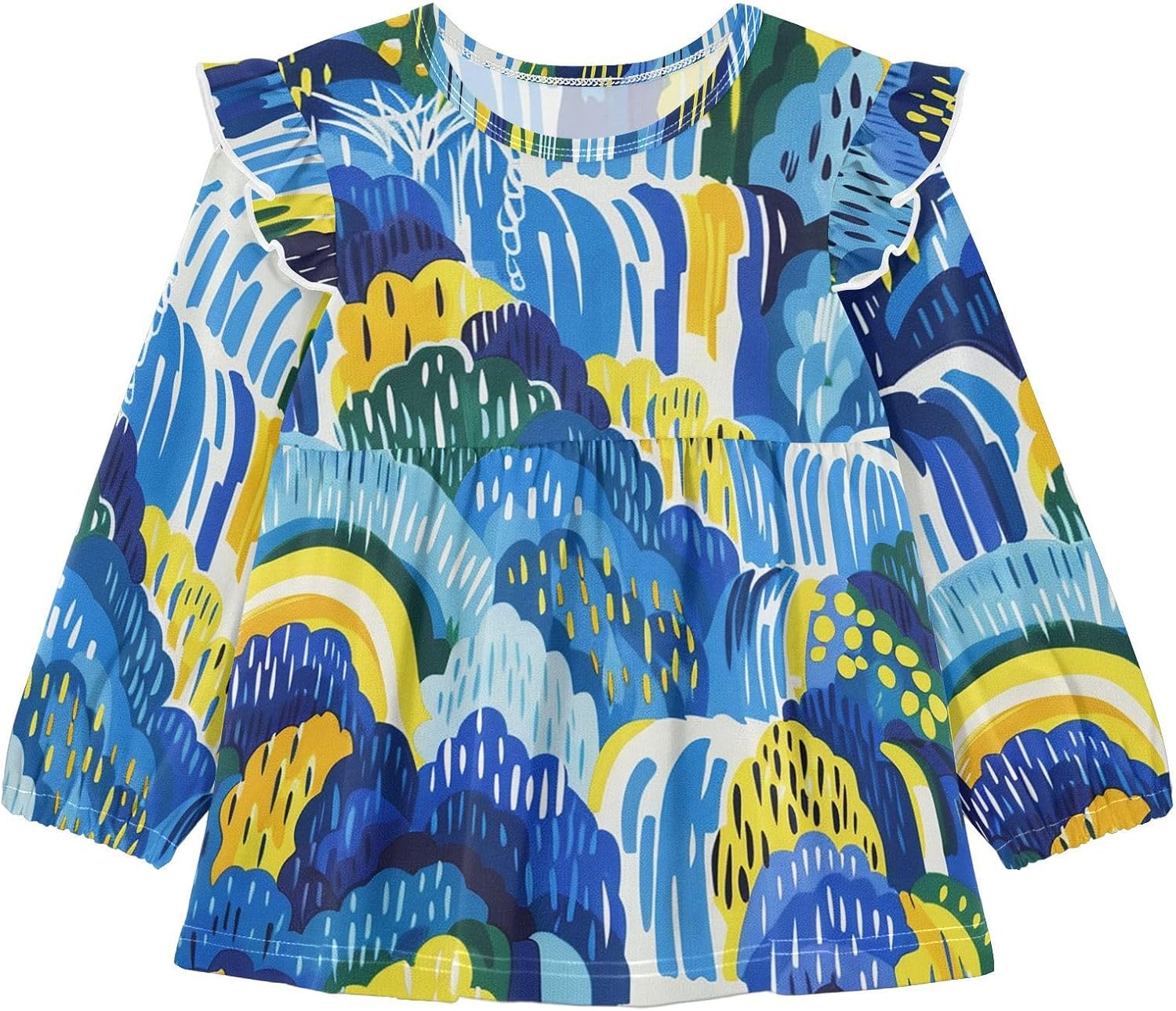 visesunny Toddler Clothes for Girls Mountain Waterfall Pattern Long Sleeve Fall Shirts Cotton Top with Ruffle Collar