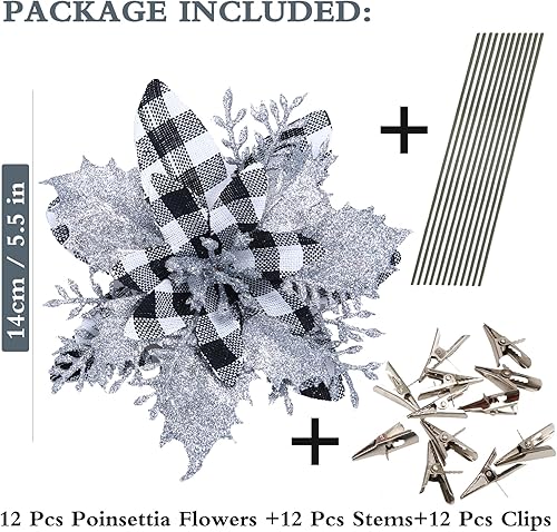 Miniatura 36 de GREENTIME 12 flores de Pascua artificiales azules con purpurina de 5.5 pulgadas, flores de Navidad con clips, tallos de Navidad, adornos para árbol