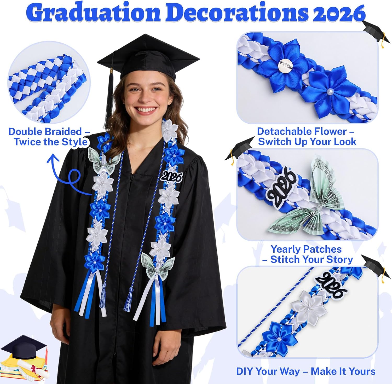 13 Pcs Graduation Lei 2026 – 50 Inch Double Braided Ribbon Money Lei Graduation Decoration Class of 2026 for Him Her High School College Grad Gift Party Supplies(Blue White) image 4