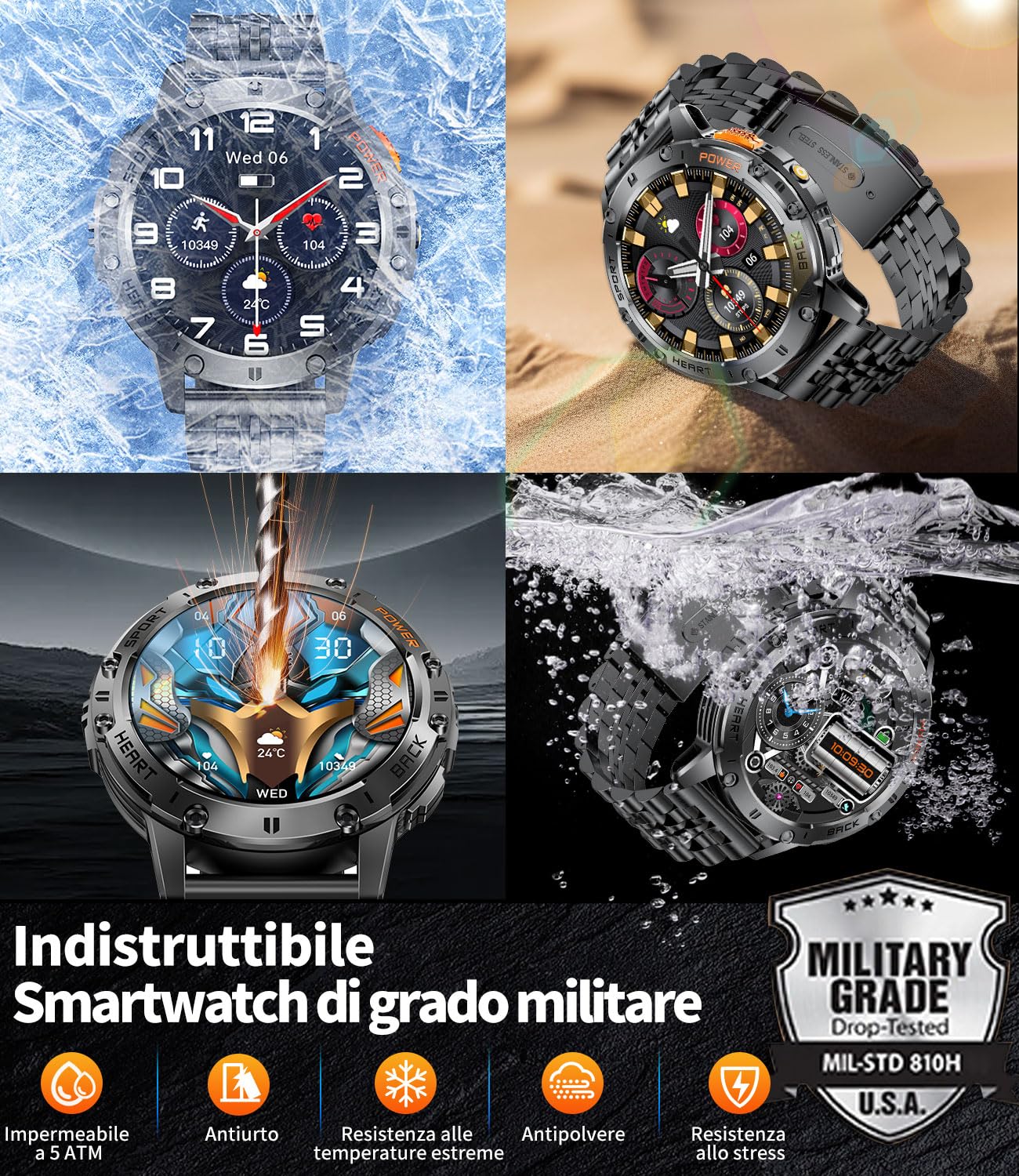 ESFOE Smartwatch Uomo con Torcia LED,1,43'' AMOLED Orologio Smartwatch Uomo con Impermeabile 5ATM,530 mAh Fitness Tracker Contapassi 120+ Modalità Sport Smartwatch Militare Uomo per Android iOS