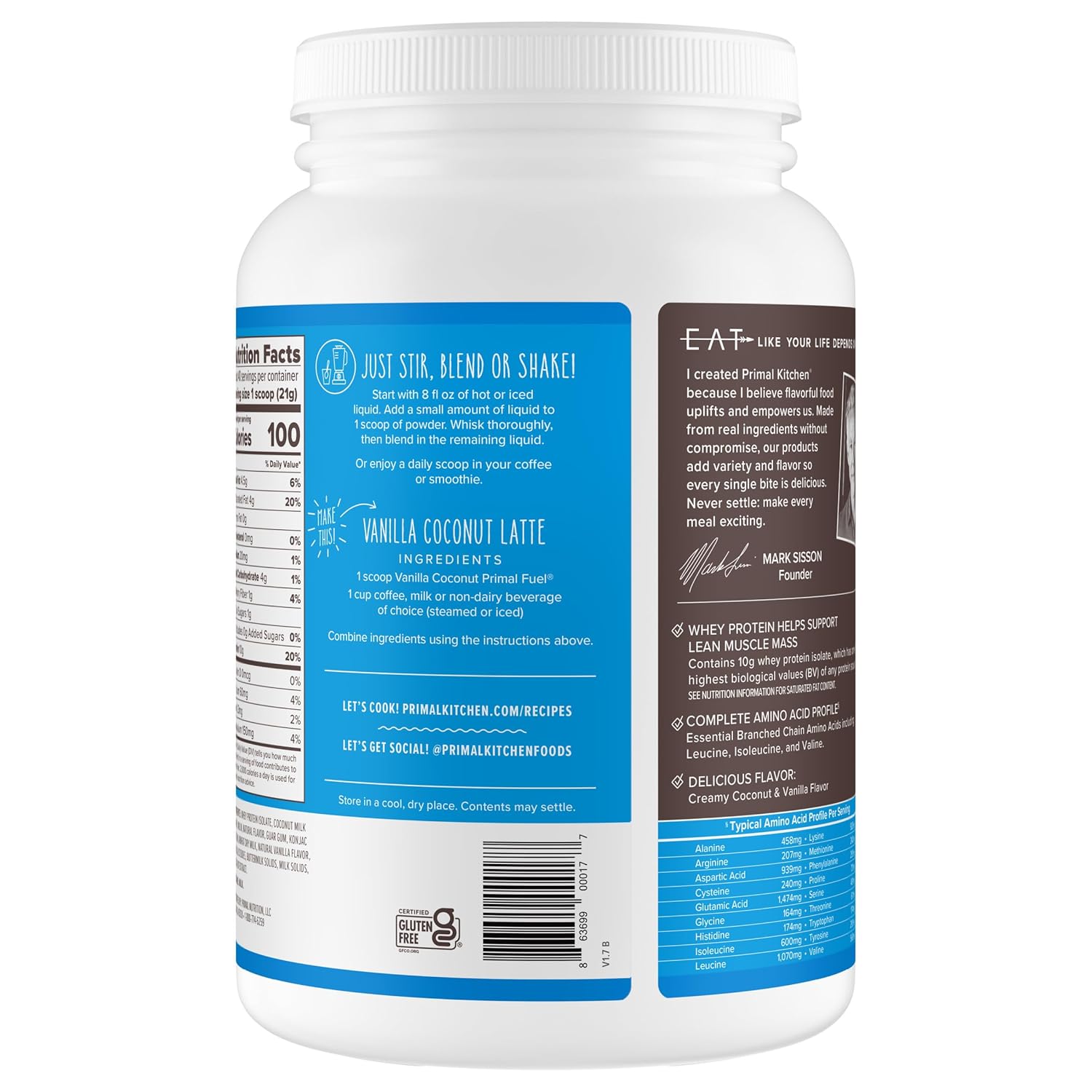 Primal Kitchen Primal Fuel Vanilla Coconut Whey Protein Drink Mix, Gluten and Soy Free, 1.85 Pounds