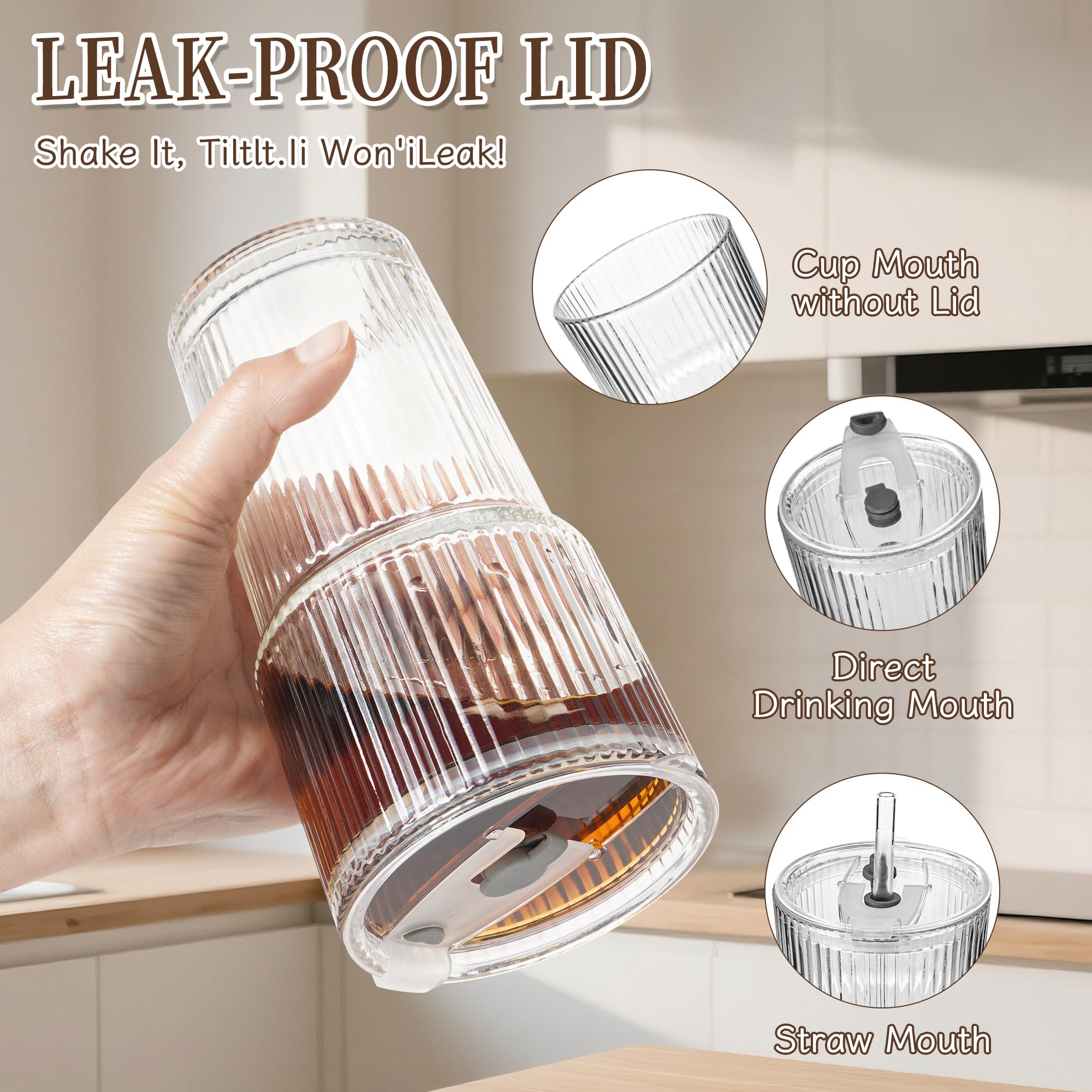 KUOGAS 4 Bicchieri in Vetro Rigato 600 ml con Coperchio e Cannuccia, Bicchieri per Frullati Spessi e Robusti in Vetro di Alta Qualità, Design Ermetico e Impermeabile, Ideale per Caffè