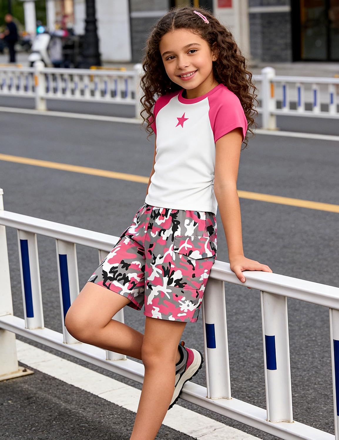 Girls Clothes Color Block Print Short Sleeve Top and Camo Short Sets Summer Outfits for Teen Girls 6-16Y