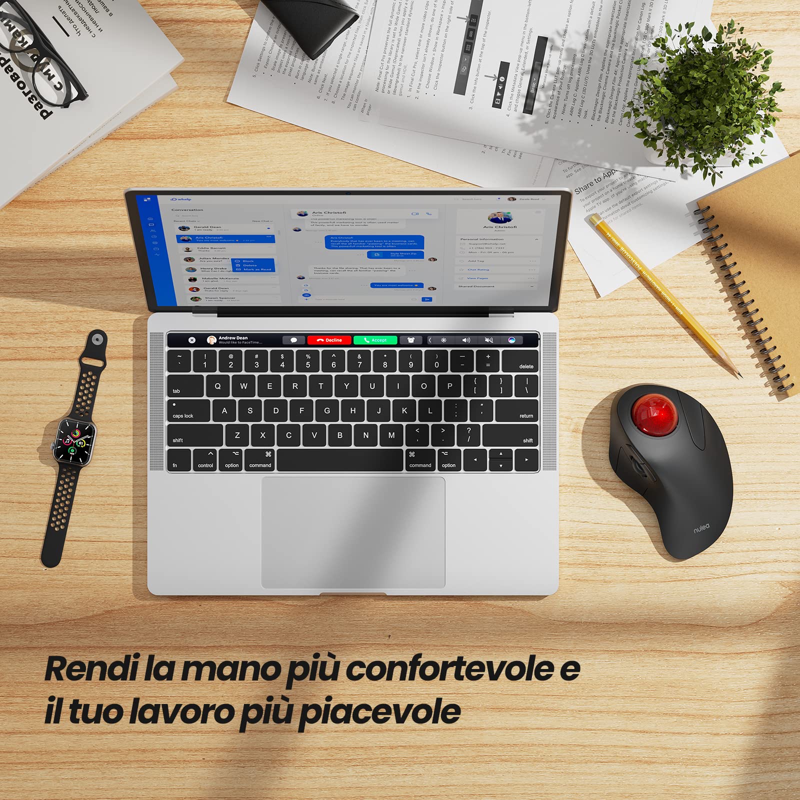 Nulea Mouse Trackball senza fili, design ergonomico ricaricabile, controllo del dito indice con 5 DPI regolabili, connessione a 3 dispositivi (Bluetooth o USB)
