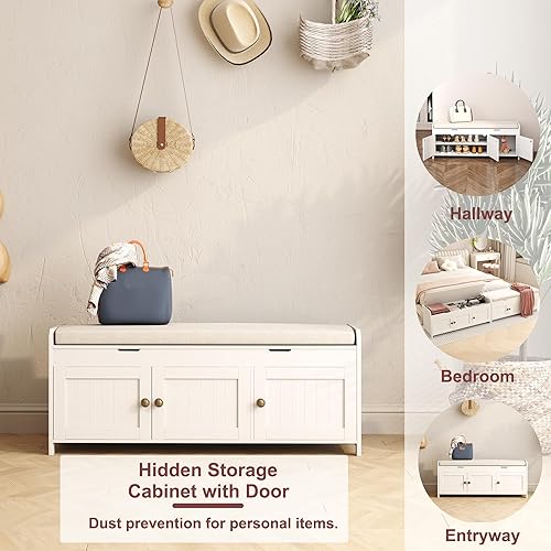 Miniatura 8 de HOMEFORT Banco para zapatos de 41.3 pulgadas con almacenamiento de tapa elevable, banco de entrada con asiento acolchado, banco de madera para pie