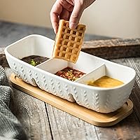 Vista 5 de Juego de Servicio para Chips y Salsas con Bandeja de Madera de Acacia, Majólica Tortugas - Bandeja para Condimentos para Snacks, Aperitivos