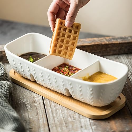 Miniatura 5 de Juego de servir chips y salsa con bandeja de madera de acacia, tortugas de salsa de mayólica, bandeja de condimentos para aperitivos, aperitivos,