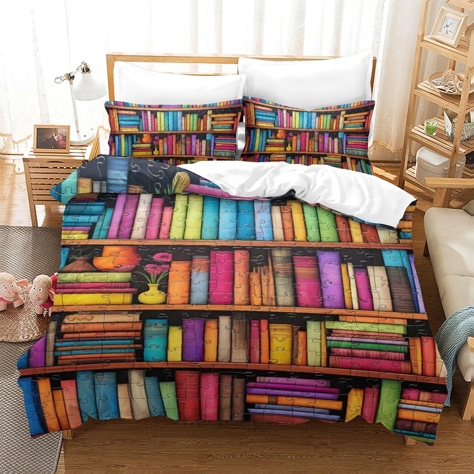 Parure de lit microfibre étagères de livres 3D housse de couette 140x200 enfant