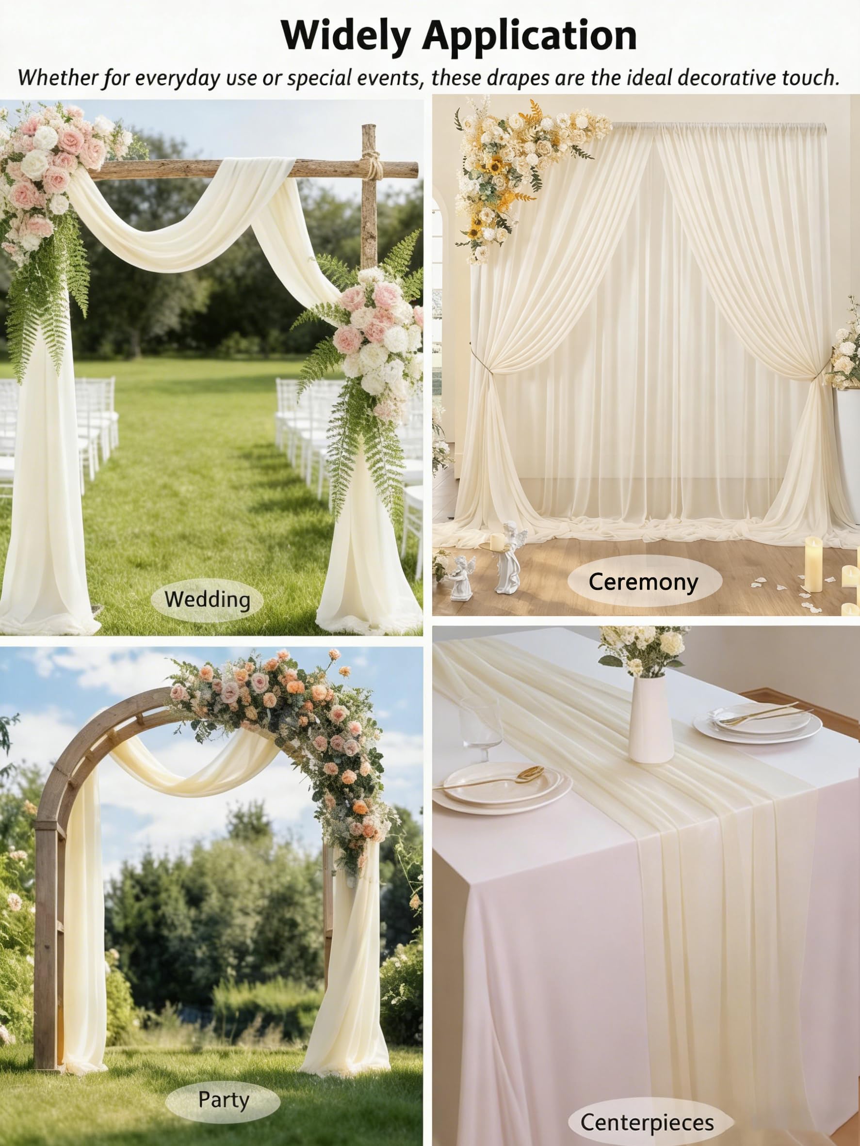 75 x 600cm Voilage Arche mariage, Blanc Ivoire Rideau en Tulle | 4 Pièces Tissu Mousseline de qualité supérieure, rideau de fond infroissable pour arche de mariage, décoration de plafond