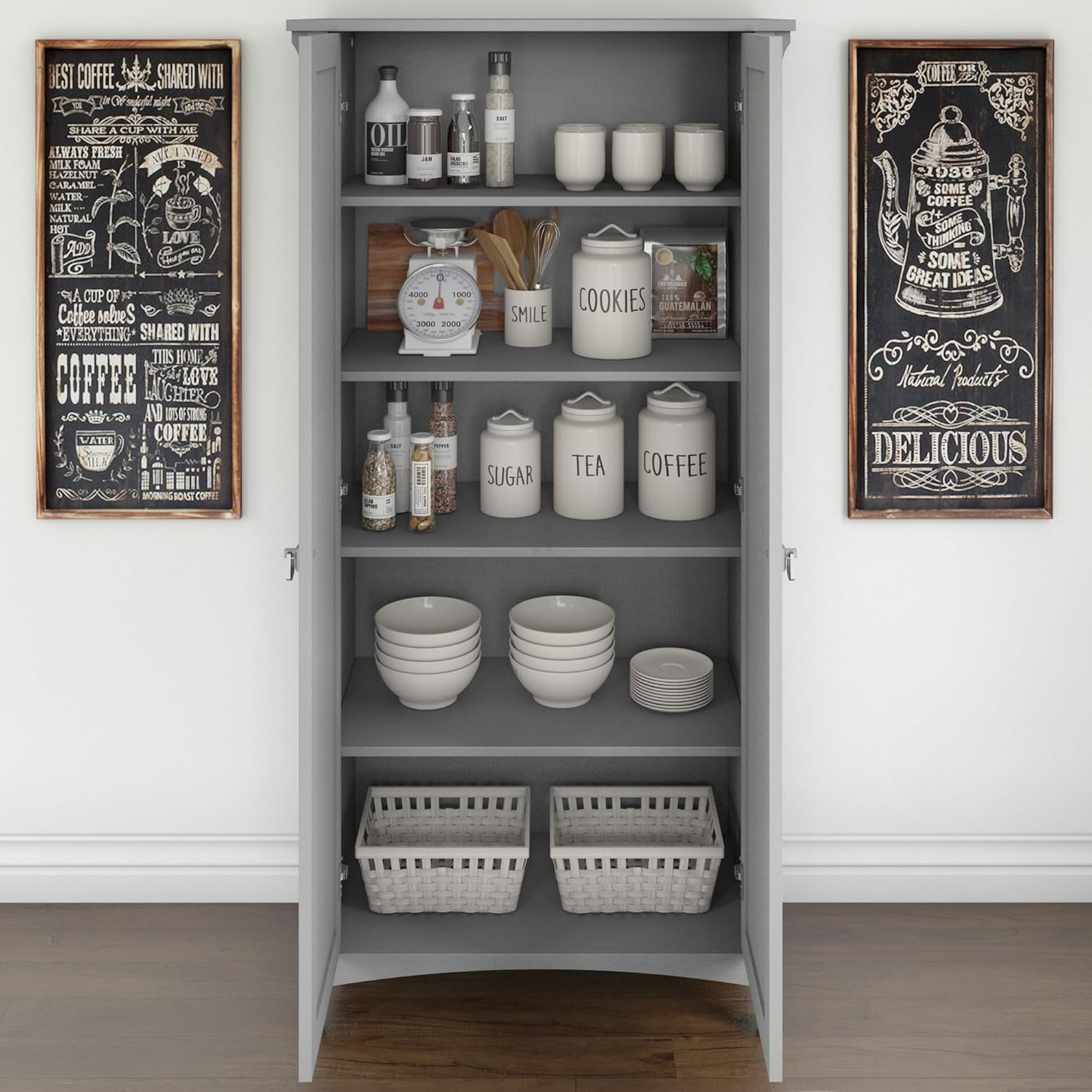 Bush Furniture Salinas Kitchen Pantry Cabinet with Doors in Cape Cod Gray, Home Storage for Food, Dinnerware, and Cooking Accessories