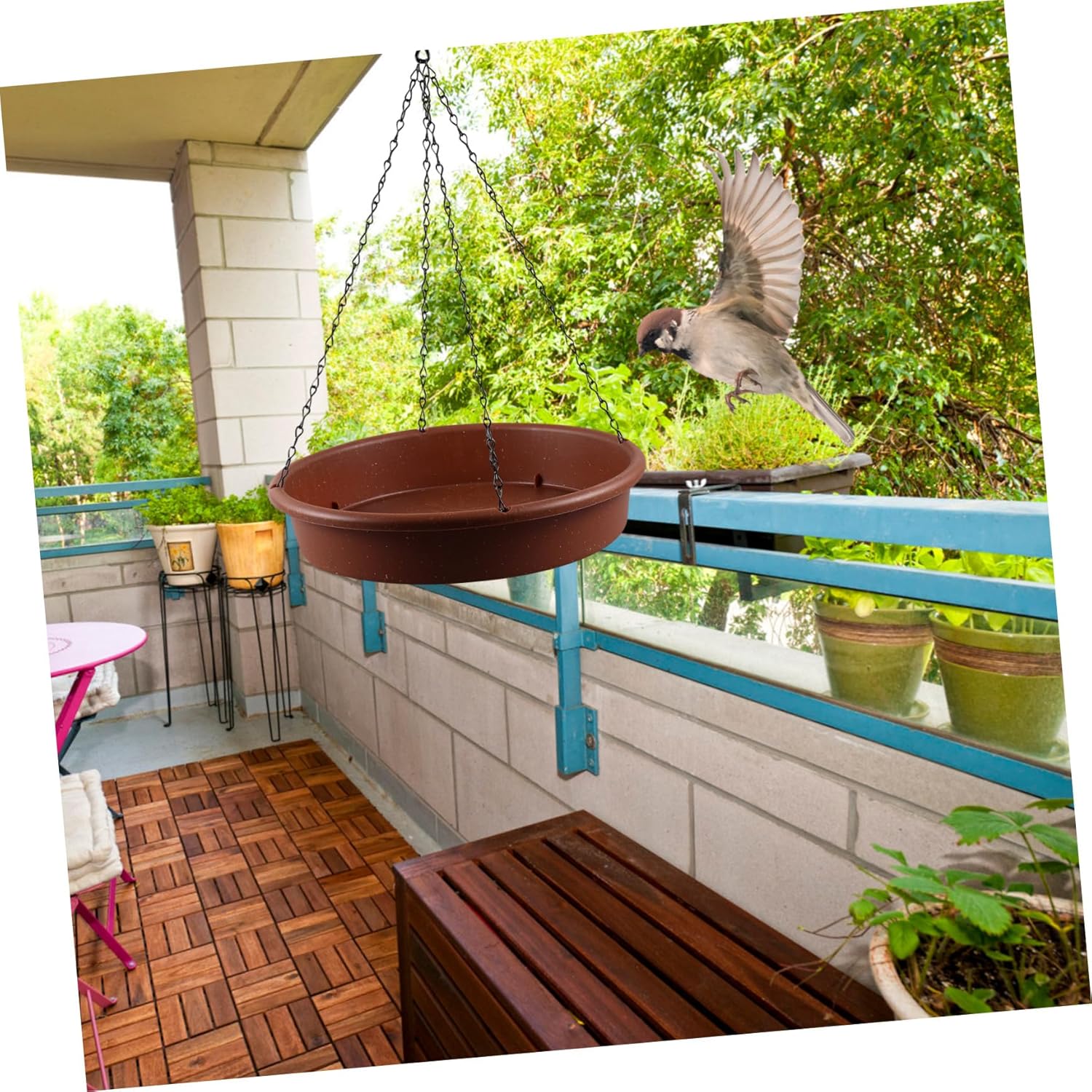 Decorative Hanging Bird Feeder and Outdoor Bird Bath Iron and PP Material Garden Platform Feeder for Patio Porch Balcony Easy to Fill and Clean Multipurpose Wildlife Supply