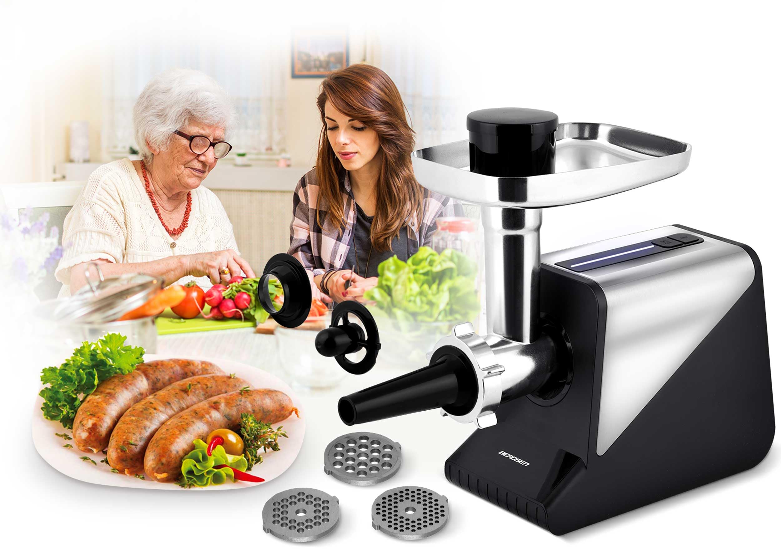 Berdsen Hachoir à viande électrique avec accessoires pour saucisse - Disques perforés - 800/2000 W - Noir et argenté
