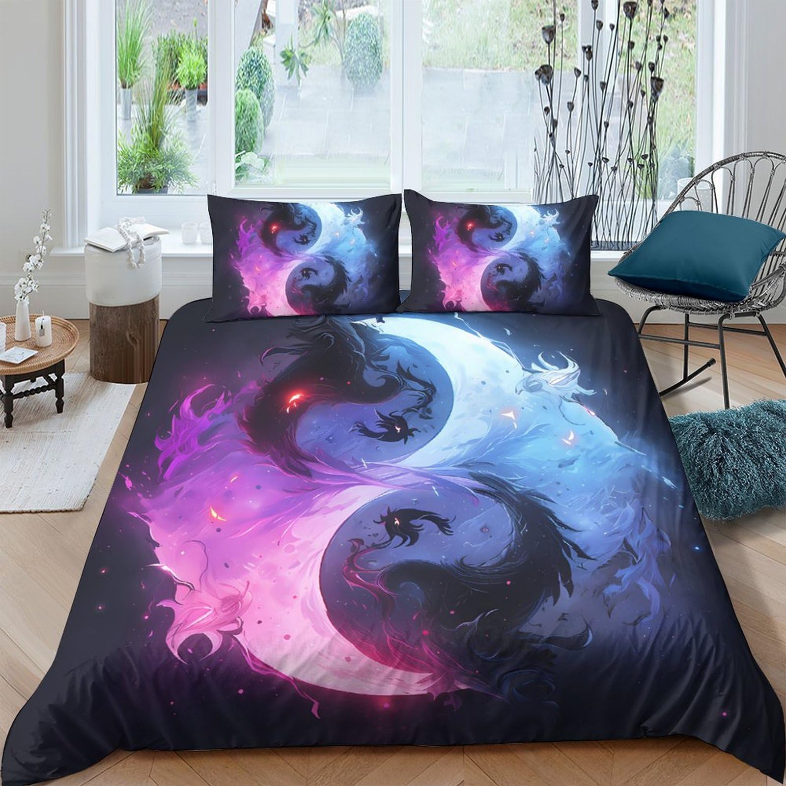 Ctjqhvkz Style-9 3D Printed Yin Yang Wolf Fitted Sheet Microfiber Purple Blue Galaxy Mattress Cover For Bedroom Dorm Decor Single（135X200cm）