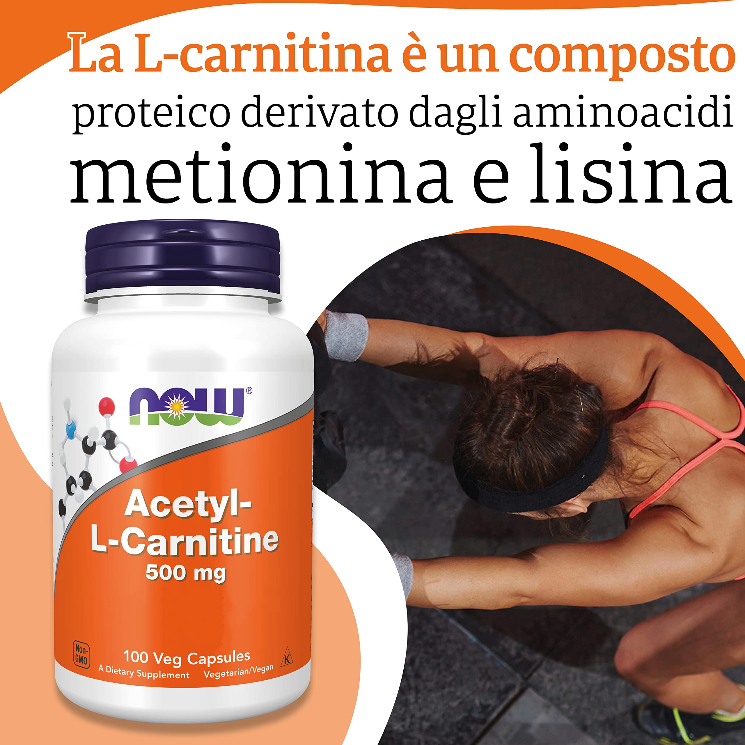 Now Foods, Acetyl-L-Carnitine (Acetil-L-Carnitina), 500 mg, 100 Capsule vegane, Testato in Laboratorio, Aminoacido, Senza Glutine, Senza Soia, Vegetariano