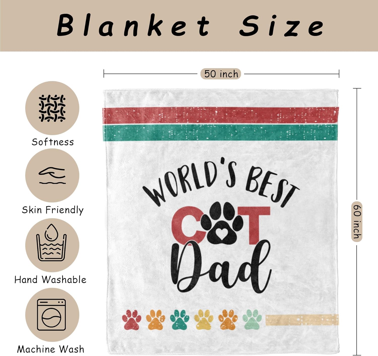 HIWX Cat Dad Gifts Blanket, Cat Lovers Owner Gifts for Men, World's Best Cats Dad Throw Blanket for Home Bedroom Living Room Couch Bed Decor, Pet Lover Gift, 50x60 Inches