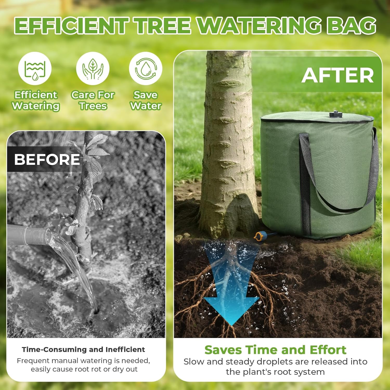 HIRALIY 15 Gallon Cylindrical Tree Watering Bag, 2 Pack, Slow Release 1-5 Days, Deep Root & Automatic Drip Irrigation System, for Multi-Trunk Newly Planted Small Trees and Shrubs